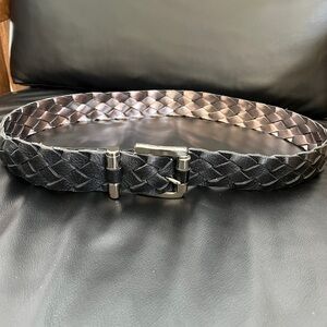 MICHAEL KORS Black Braided Leather Belt Silver Tone Buckle Adjustable Business